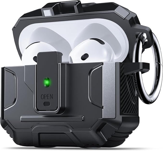 DASFOND Armor Earphone Cover Case for Airpods 4 Generation, Military Grade Full Body Shockproof Protection Hard Case, Support Wireless Charging with Keychain, Magnetic Lid, Front LED Visible, Black