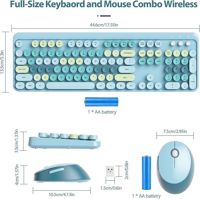 Fogruaden Blue Keyboard and Mouse Wireless, Retro Typewriter Keyboard, 2.4GHz 104 Keys Full Size Cute Keyboard with Number Pad, Blue Colorful Keyboard with Retro Round Keycaps for Windows PC Laptop