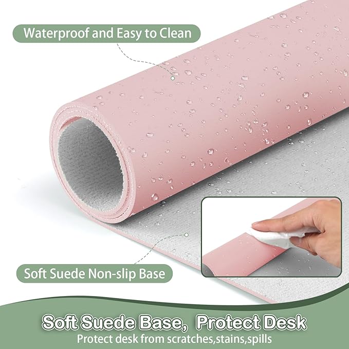 Boutilon Leather Desk Pad Protector,Non-Slip Mouse Pad,Laptop Desk Pad,Office Mouse Mat,Waterproof Leather Desk Blotter,Desk Writing Pad for Office and Home (L-Light Pink,35"x 17")