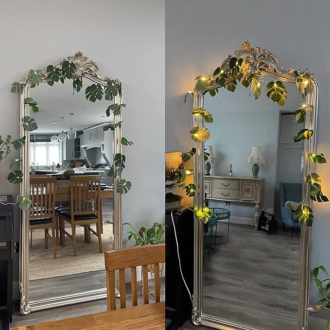 RECUTMS Monstera Leaf String Lights 2 Pack, 20LED Tropical Artificial Rattan Palm Green Leaves Wall Hanging Vine Greenery,Outdoor Indoor Hawaiian Luau Jungle Safari Beach Theme Party Summer Decoration