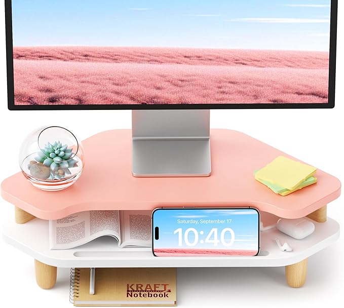 Monitor Stand Riser,2 Tier Corner Wood Monitor Stand Sturdy Computer Stand Multi-Purpose Desktop Storage Stand for Laptop,PC,iMac,Printer,Computer,Pink