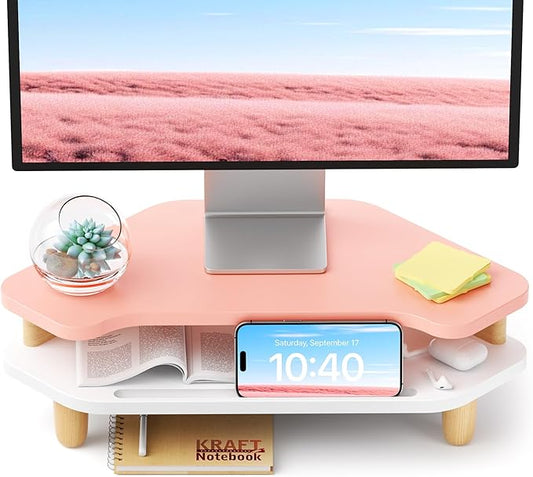 Monitor Stand Riser,2 Tier Corner Wood Monitor Stand Sturdy Computer Stand Multi-Purpose Desktop Storage Stand for Laptop,PC,iMac,Printer,Computer,Pink