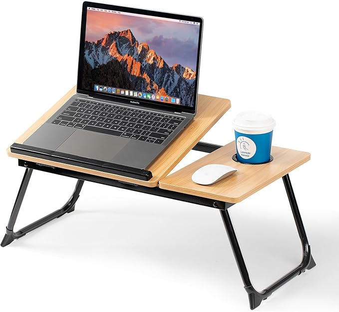 Laptop Desk for Bed Couch, Adjustable Foldable Bed Table with Cup Holder, Breakfast Serving Tray, Portable Laptop Lap Desk Stand for Working Reading Writing Eating Gaming in Bed Sofa Floor(Walnut)