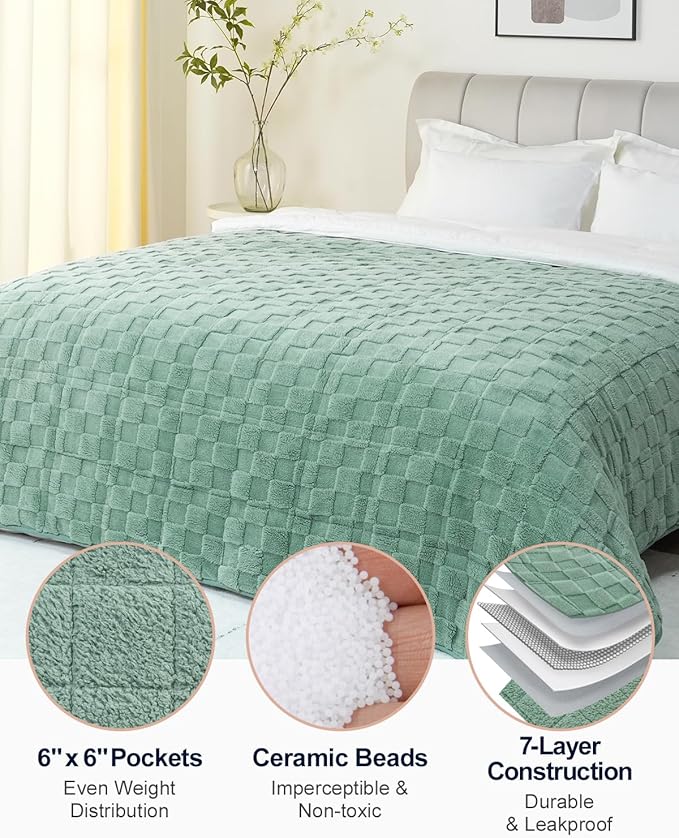Kivik Weighted Blanket for Adult, 15 lbs Checkered Throw Blankets, Soft Dual Sided Heavy Fleece Checkerboard Blanket for Couch Sofa Bed, Queen Size 60 x 80 Inches, Sage Green