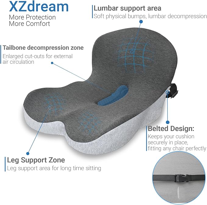 Memory Foam Seat Cushion,Office Chair Cushion with Lumbar Support for Back Pressure Relief, Car Seat Cushion with Adjustable Strap,Sciatica Pad Cushions for Car,Truck, Desk,Gaming Chair