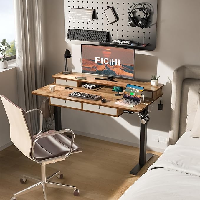 Adjustable Height Standing Desk with 4 Drawers,55 x 30 inches Electric Sit Stand Home Office Desk with Two Tiers, 3 Memory Presets, Monitor Stand Riser, USB A/C Charging Port