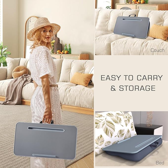 Lap Desk, Lap Desk with Cushion, Fits up to 17 inch Laptop, Pillow Designed, Portable Laptop Stand with Tray, Pad & Phone Holder, Home Office for Bed/Couch/Car/Reading/Writing, MillHome (Gray)