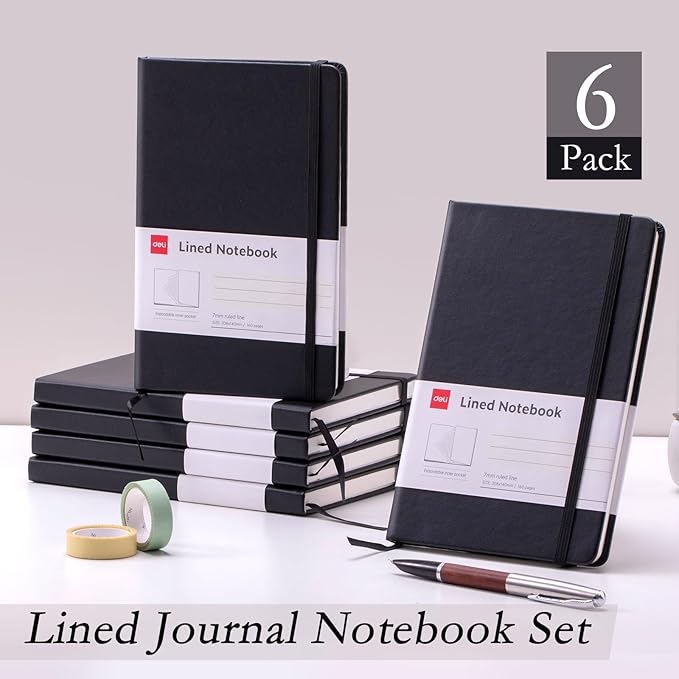 deli 6-Pack Black Lined Journal Notebook, 160 Pages Hardcover Writing Notebook, A5 (5.5"x8.2") College Ruled Notebook for Office, School, Work Notes