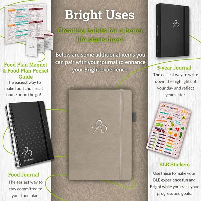 Bright Line Eating Line Journal Notebook, Vegan Leather Journal w/Lay-Flat Binding, Platinum Notebook Journal for Women & Men, Writing Journal, Food Journal, Travel Journal, Fitness Journal w/Stickers