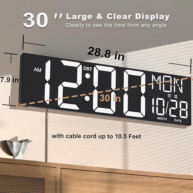 JALL 30" Large Digital Wall Mount Clock with Remote Control, Alarm, Huge Giant Big LED, Countdown, Auto DST, Temperature for Living Room Classroom Desk, Xmas, Birthday Gift, White