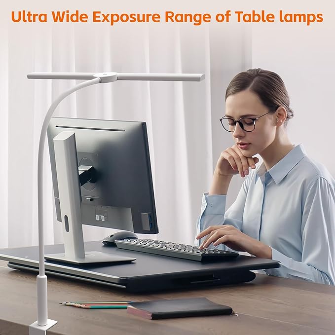 LED Desk Lamp with Clamp, Eye-Caring Adjustable Brightness, 3 Lighting Modes, Touch & Remote Control Clip Light for Home Office, Study, Computer Work, Reading, Puzzle, Task (White)