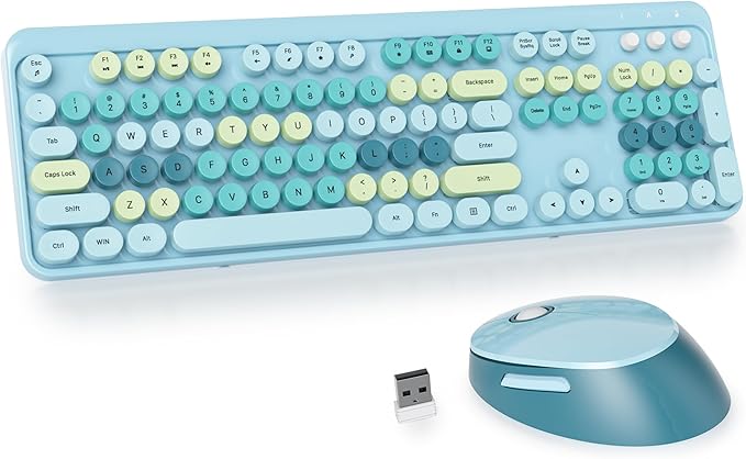 GTSP Typewriter Colorful Wireless Keyboard and Mouse Combo, 2.4GHz Full-Size Retro Cute Office Computer Keyboard with Round Keycaps for Desktop Laptop and PC (Light Blue)