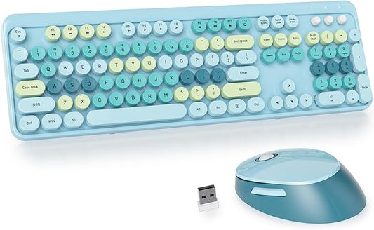 GTSP Typewriter Colorful Wireless Keyboard and Mouse Combo, 2.4GHz Full-Size Retro Cute Office Computer Keyboard with Round Keycaps for Desktop Laptop and PC (Light Blue)
