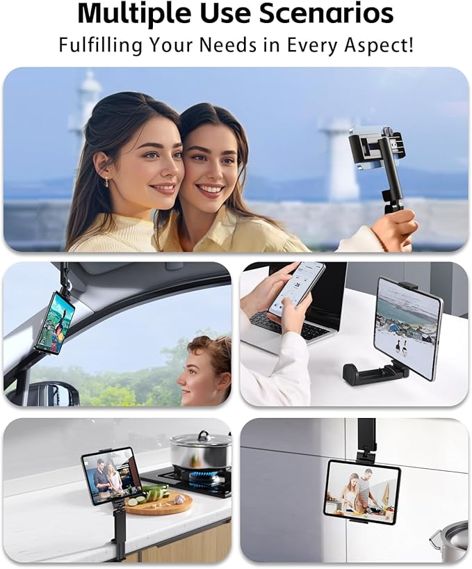 Airplane Essential Tablet Holder for Travel, Universal Handfree Tablet Mount with 360 Degree Rotation, Travel Must Haves Tablet Stand for Plane Tray Table, Home, Kitchen, Office, Outdoor
