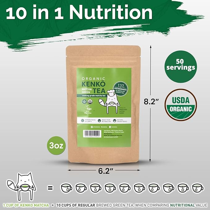 Kenko Matcha Green Tea Powder [USDA Organic] Culinary Grade Matcha Powder for Lattes, Smoothies and Baking [100g Bag = 50 Servings]