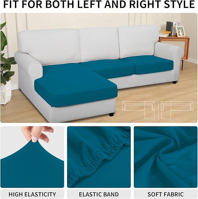 Easy-Going 100% Waterproof 3 Pieces Couch Cushion Covers for Sectional Sofa Left/Right L Shape Chaise Lounge Sofa Seat slipcover Anti-Slip Sofa Cover (2 Seater + 1 Chaise, Peacock Blue