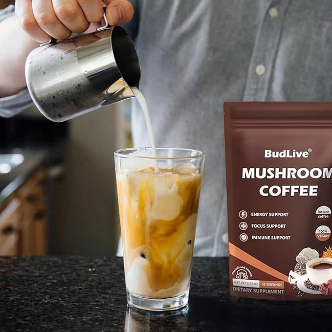 Mushroom Coffee - Instant Coffee Powder with Organic Lion’s Mane, Reishi, Cordyceps, Turkey Tail, King Trumpet & Shiitake, Adaptogenic 6 Mushrooms for Energy, Digestion & Immune Support, 30 Servings