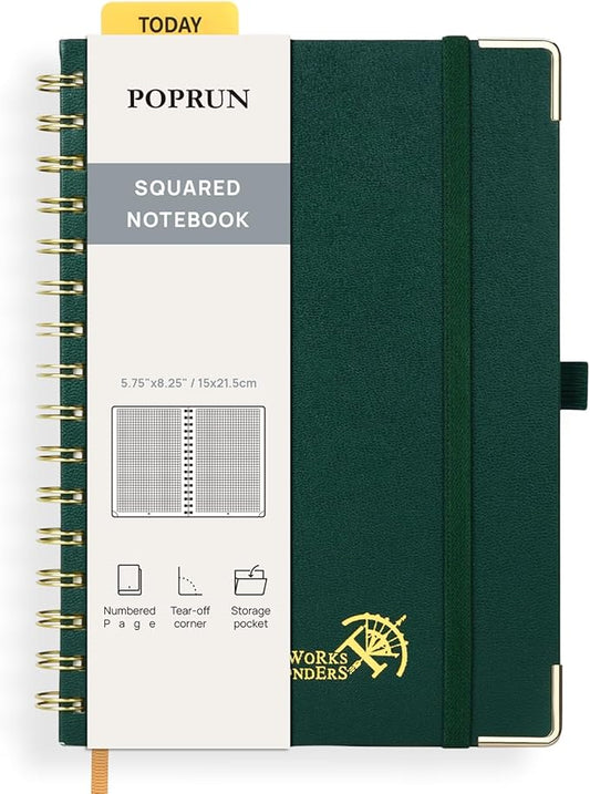 POPRUN Graph Paper Spiral Journal Notebook, [A5-5.75'' x 8.25''] - 120 GSM Thick Paper, 141 Numbered Pages, Grid Notebooks for Men & Women with Pocket, Index Tabs, 8 Perforated Sheets,Dark Green