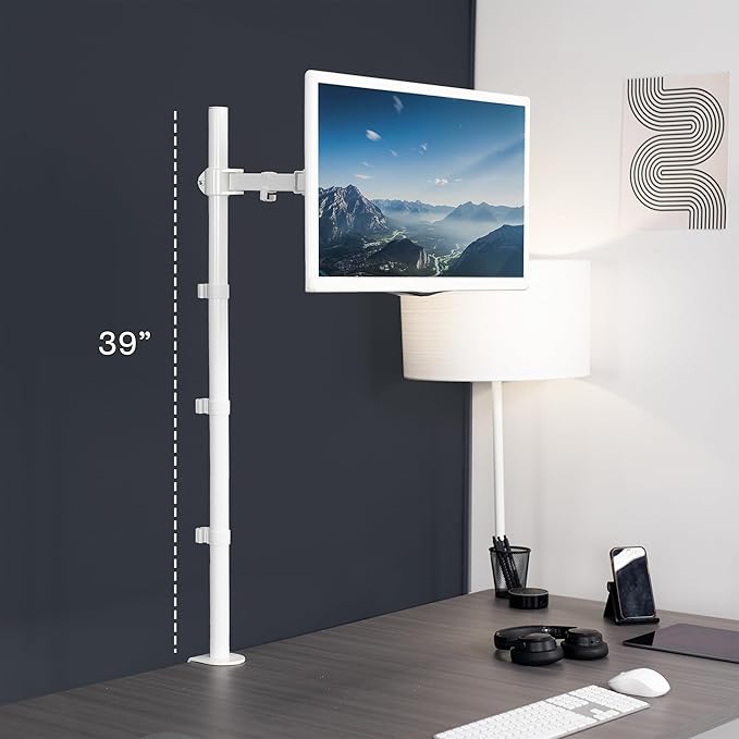 VIVO Extra Tall Single Monitor Desk Mount Stand with 39 inch Pole, Features Full Adjustability - Tilt and Articulation, Holds 13 to 32 inch Screens up to 10kg with VESA Mounting, White, STAND-V011W