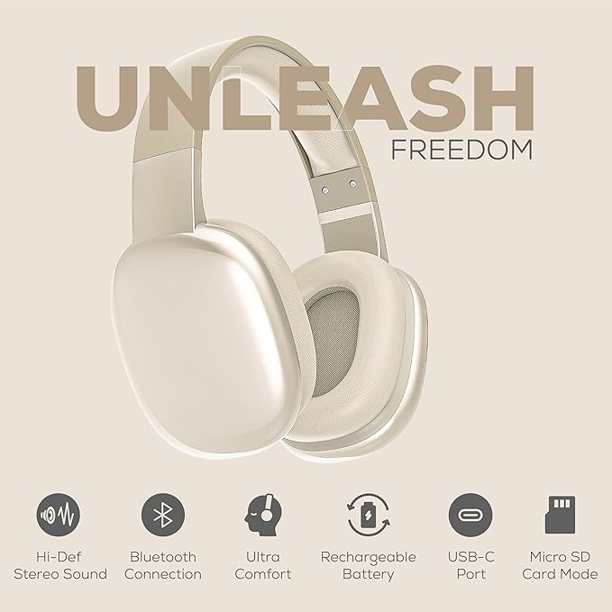 Gabba Goods Wireless Over Ear Bluetooth Headphones with Microphone - Wireless Headset -Noise Reduction - Bluetooth, Wired,Built in Micro SD for Travel, Home, Work TV,PC,Gaming,Cellphone (Beige)