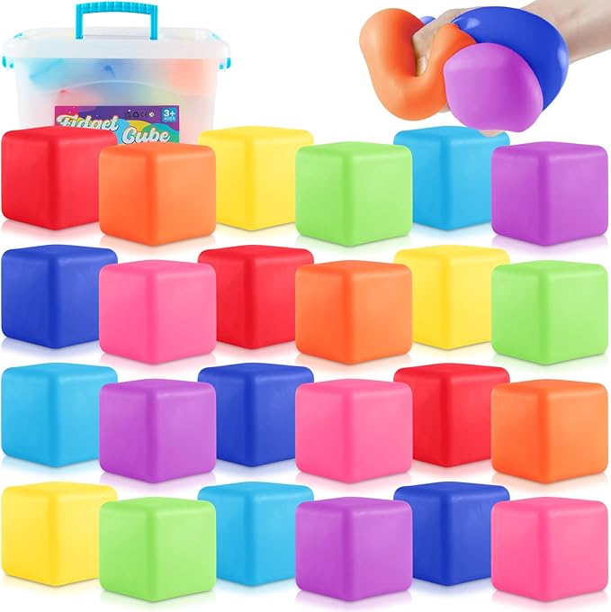 Fidget Toys Stress Cube, 24Pcs Stress Balls Bulk for Kids and Adult, Slow Rising Stress Ice Cube Stress Balls, Dough Square Ball Soft Fidget Squishy Toys for Anxiety Relief,