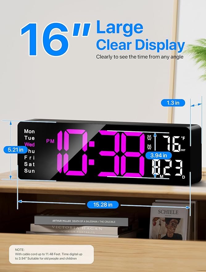 MASHI Digital Wall Clock, 16" Large Display Digital Clock with Remote Control, Auto-Dimming Wall Clock with Night Light, DST, Date Week,Temp for Living Room, Bedroom, Decor, Gift for Elderly