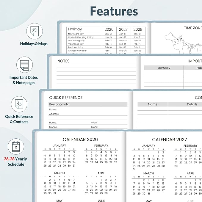 SUNEE 2026 Pocket Weekly Planner for Purse 3.5" x 6" - 12 Month (January 2026 - December 2026), Small Size Planner, Hardcover, Notes, Pocket, 100 GSM Paper, Gray Blue