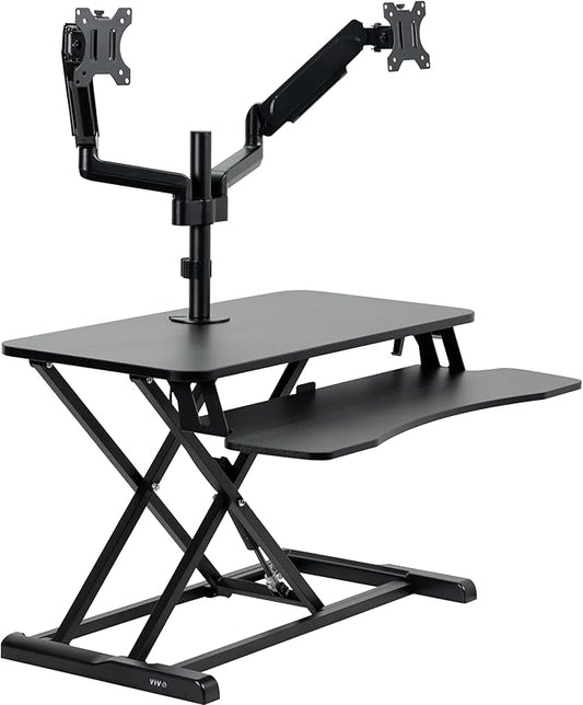 VIVO 32 inch Standing Desk Converter with Dual Monitor Mount for up to 32 inch Screens, Height Adjustable Riser with Pneumatic Spring Arms, Black, DESK-KIT-0K2K