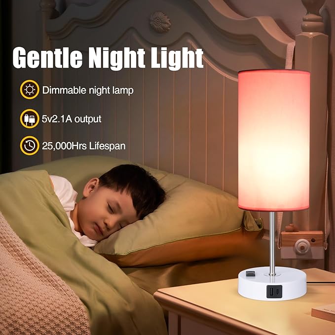 Table Lamp with USB Port - Desk Lamp Touch Lamp Bedside Lamps for Bedroom, 3 Way Dimmable Small Lamps for Living Room, Nightstand, Nursery, Dorm, Home, Office, White Base+ Pink Lampshade