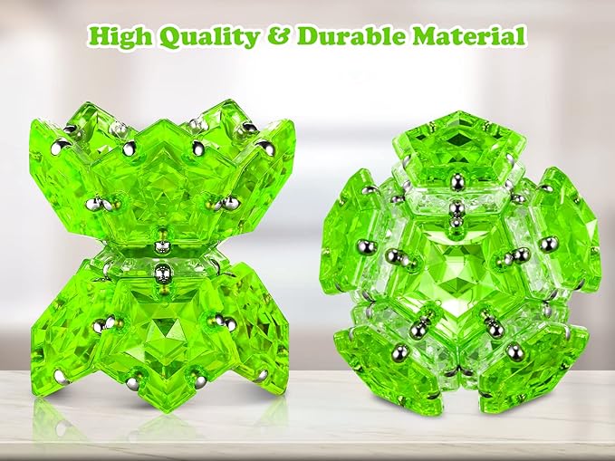 RoomyRoc Magnetic Fidget Sphere - Pentagons Magnets Balls - 12 Piece Set - Crystal Bright Green - Magnet Fidgets Toy - Creativity Beyond Imagination, Inspirational, Recreational, Desk Toys for Adults