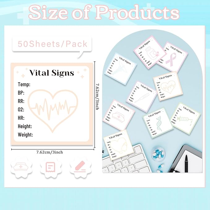 Vital Signs Sticky Notes Gifts, 9 Pack Vitals Notepad 3x3 Inch, Nurse Daily Monitoring Post Memo Pads, Patient Health Checklist Self-Stick Notes Office Hospital Supplies (450 Sheets)