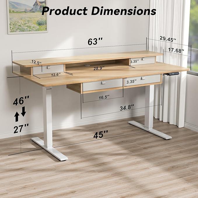 Adjustable Height Standing Desk with 4 Drawers,63 x 30 inches Electric Sit Stand Home Office Desk with Two Tiers, 3 Memory Presets, Monitor Stand Riser, USB A/C Charging Port
