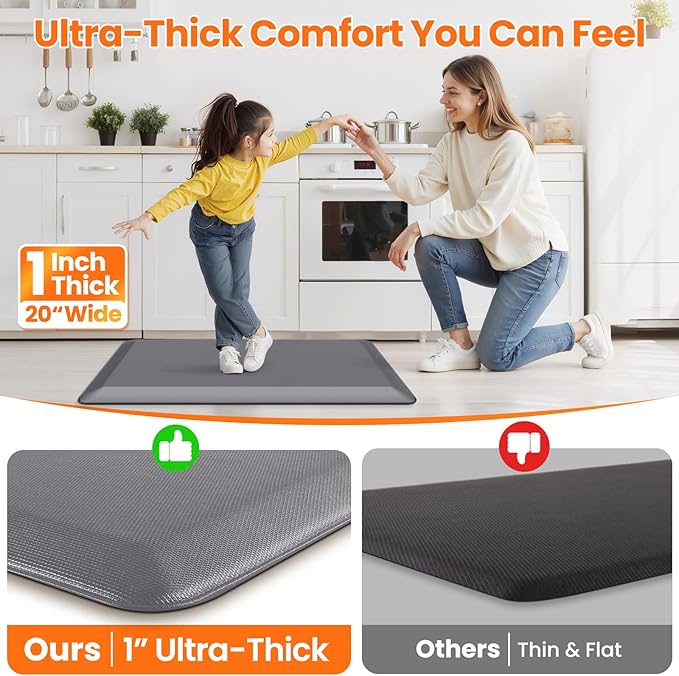 Kitchen Mats for Floor, 1 Inch Extra-Thick Kitchen Rugs, Non-Slip & Waterproof Standing Desk Mat, Comfort Anti Fatigue Mats for Kitchen Floor, Home, Sink, Office (20" X 39", Grey)