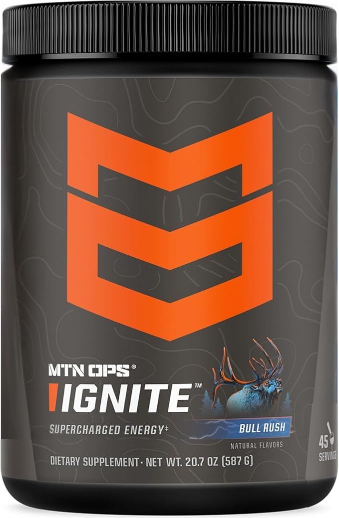 MTN OPS Ignite Energy Drink Powder, Gluten Free Nootropic Supplement Drink Mix, L Arginine, L Citrulline, Caffeine & Nootropic Sugar Free Drink Mix, 45 Servings, Bull Rush