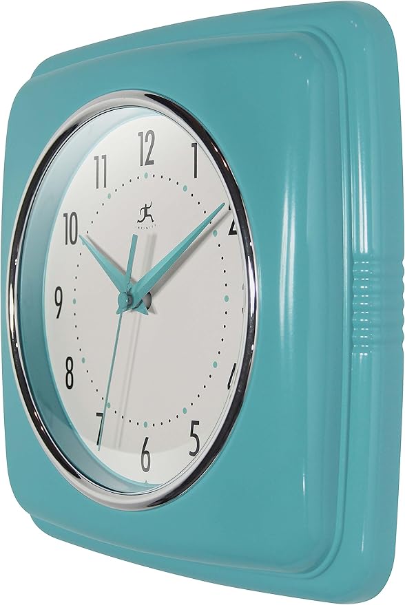 Infinity Instruments Retro – 9-Inch Square Silent Non-Ticking Mid-Century Modern Wall Clock – Vintage Decorative Timepiece for Kitchen, Office, or Diner – Turquoise