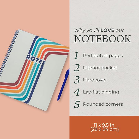 Steel Mill & Co Cute Large Spiral Notebook College Ruled, 11" x 9.5" with Durable Hardcover and 160 Lined Pages (Retro Stripe)