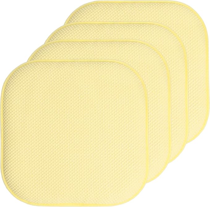 Sweet Home Collection Chair Cushion Memory Foam Pads Honeycomb Pattern Slip Non Skid Rubber Back Rounded Square 16" x 16" Seat Cover, 4 Pack, Yellow