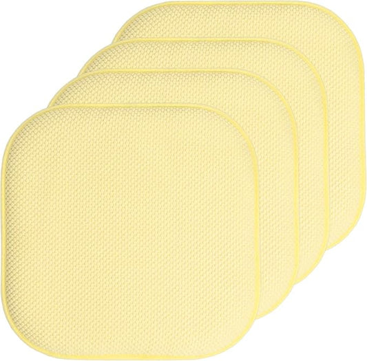 Sweet Home Collection Chair Cushion Memory Foam Pads Honeycomb Pattern Slip Non Skid Rubber Back Rounded Square 16" x 16" Seat Cover, 4 Pack, Yellow