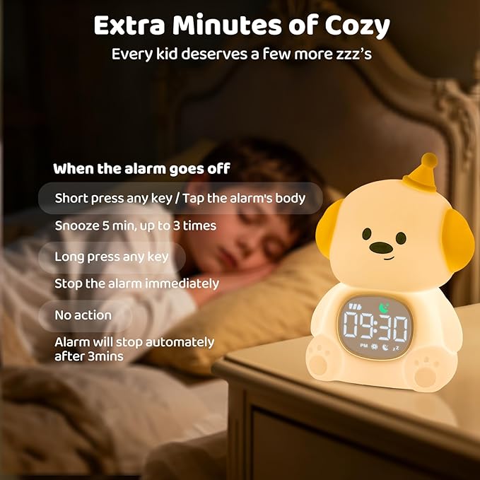 Dog Alarm Clock with Night Light for Kids with Sleep Training and Sound Machine, Rechargeable Silicone Lamp OK to Wake Clock，Cute Animal Tabletop Lamp, Perfect Sleep Companion for Boys Girls
