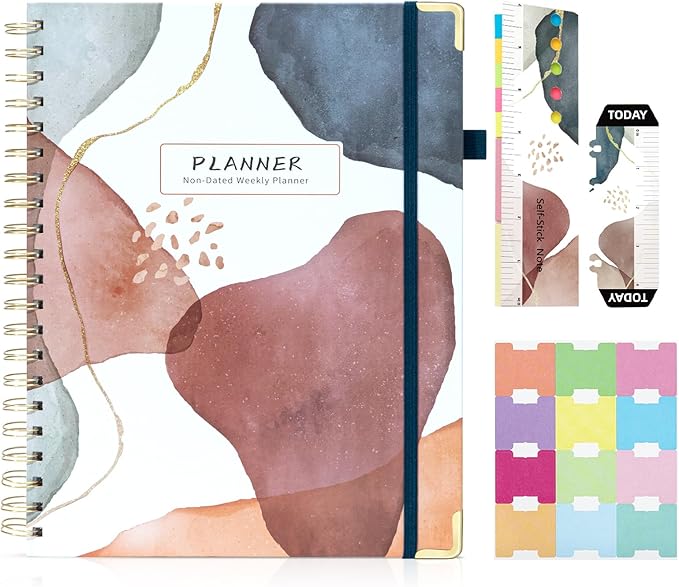 Ospelelf Daily Calendar Planner Undated Spiral Binding Weekly Monthly Hardcover Planners with Stickers 12 Months Productivity Agenda Journey Letter Size Brown