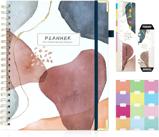 Ospelelf Daily Calendar Planner Undated Spiral Binding Weekly Monthly Hardcover Planners with Stickers 12 Months Productivity Agenda Journey Letter Size Brown