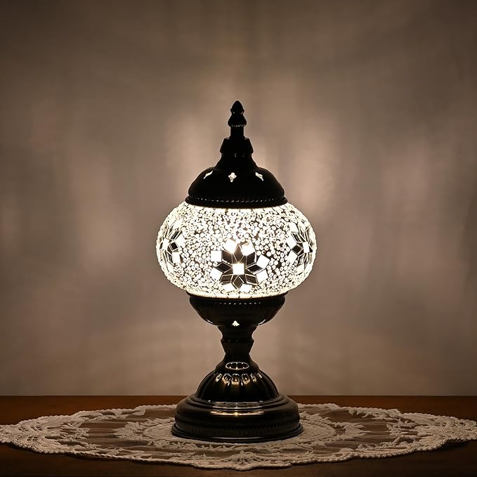 Turkish Moroccan Table Lamp Lantern with Handmade Mosaic Glass Lampshade Tiffany Style Bohemian Stained Glass Decorative Desk Lamps Bedside Night Lights for Bedroom (White Fancy)
