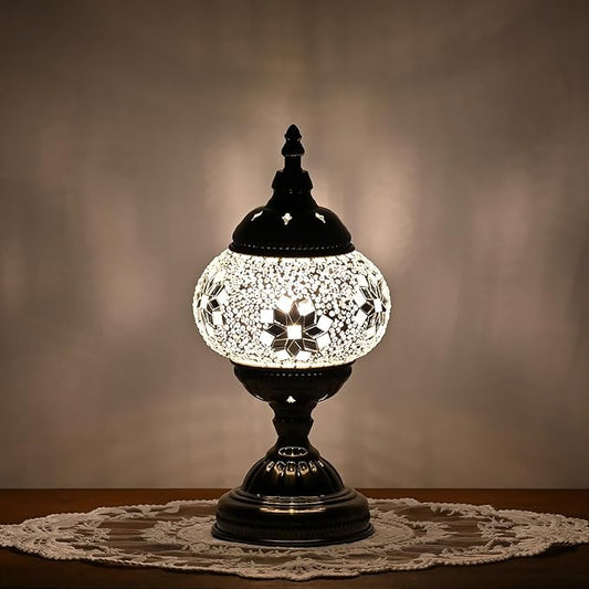 Turkish Moroccan Table Lamp Lantern with Handmade Mosaic Glass Lampshade Tiffany Style Bohemian Stained Glass Decorative Desk Lamps Bedside Night Lights for Bedroom (White Fancy)