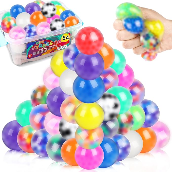 54Pack Stress Balls, Squishy Squeeze Balls Bulk Fidget for Adults Squishy Balls Stress Relief Balls, Stress Balls for Adults, Party Favors, Goodie Bag Stuffers