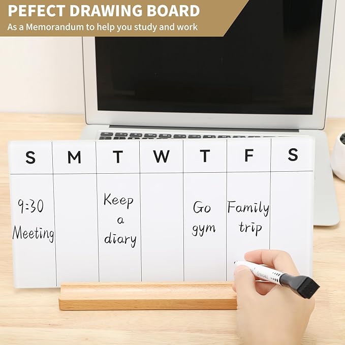 Desktop Glass Weekly Whiteboard with Detachable Wood Stand Weekly Dry Erase Board Weekly Calendar Whiteboard Weekly Planner to Do List White Board Desk Planner 11.8x5.86" for Office, Home, School