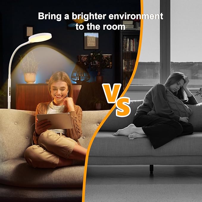 Light Therapy Lamp, 3 in 1 Therapy Floor Lighting, 11000 Lux Full Spectrum Therapy Lamps, UV-Free LED Sunlight, 10 Brightness/5 Color/Gooseneck/Height Adjustable Timer Control, White