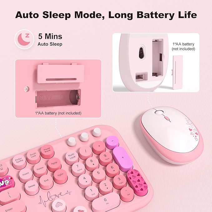 MOFII Wireless Keyboard and Mouse Combo, Cute Keyboard Full Size and Wireless Mouse, 2.4GHz Retro Typewriter Keyboard Wireless Mouse Set for PC/Desktop/Laptop/Windows (Pink Colorful)