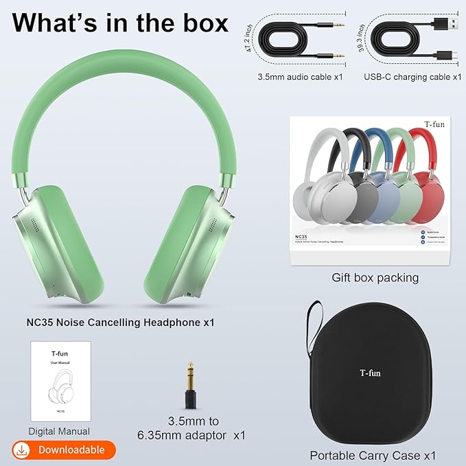 T-fun NC35 Hybrid Active Noise Cancelling Headphones, 360° Spatial Audio with Head Tracking, Over Ear Headphones Wireless Bluetooth 5.3, 55H ANC Playtime, Deep Bass, Custom EQ via App, for Travel Home