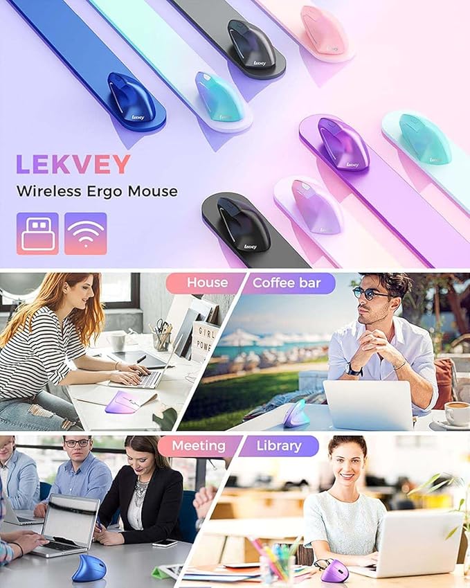 Lekvey Ergonomic Mouse, Vertical Wireless Mouse Rechargeable 2.4 GHz Optical Carpal Tunnel Mouse : 800/1200 / 1600 DPI, 6 Buttons, for Laptop, PC, Computer, Desktop, Notebook etc, Pink to Purple
