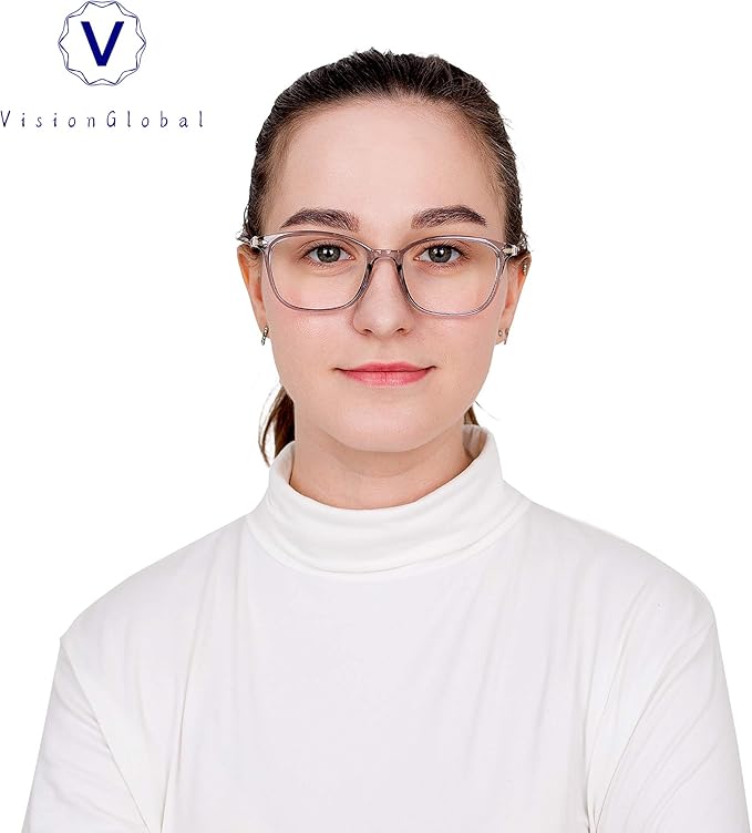 VisionGlobal Blue Light Blocking Glasses for Women/Men, Anti Eyestrain, Computer Reading, TV Glasses, Stylish Square Frame, Anti Glare(Clear Gray,+4.00 Magnification)